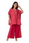 KAVERI_Pink 100% Linen V Intersection Square Hand Screen Print Top And Pant Set  _Online_at_Aza_Fashions