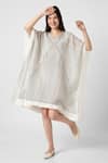 Buy_KAVERI_White 100% Linen V Neck Geometric Hand Screen Print Kaftan With Inner  _Online_at_Aza_Fashions