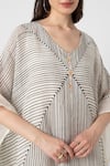 Shop_KAVERI_White 100% Linen V Neck Geometric Hand Screen Print Kaftan With Inner  