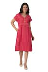 Buy_KAVERI_Pink 100% Linen V Neck Hand Screen Print Dress  _Online_at_Aza_Fashions