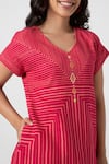 KAVERI_Pink 100% Linen V Neck Hand Screen Print Dress  _at_Aza_Fashions