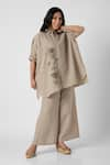 Buy_KAVERI_Beige 100% Linen Embroidered Beaten Metal Square Top And Pant Set  _at_Aza_Fashions