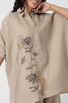 KAVERI_Beige 100% Linen Embroidered Beaten Metal Square Top And Pant Set  _Online_at_Aza_Fashions