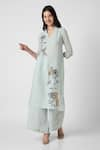 Buy_KAVERI_Blue 100% Linen Embroidered Thread V Neck Floral Kurta And Pant Set  _at_Aza_Fashions