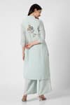 Shop_KAVERI_Blue 100% Linen Embroidered Thread V Neck Floral Kurta And Pant Set  _at_Aza_Fashions