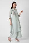 KAVERI_Blue 100% Linen Embroidered Thread V Neck Floral Kurta And Pant Set  _at_Aza_Fashions