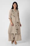 Buy_KAVERI_Beige 100% Linen Embroidered Thread V Beaten Metal Kurta And Pant Set  _at_Aza_Fashions