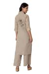 Shop_KAVERI_Beige 100% Linen Embroidered Thread V Beaten Metal Kurta And Pant Set  _Online_at_Aza_Fashions