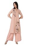 Shop_Kaveri_Pink 100% Linen Embroidered Thread V Neck Floral Kurta And Pant Set 