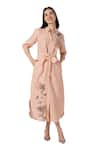 Buy_KAVERI_Pink 100% Linen Embroidered Thread Collared Beaten Metal Dress  _Online_at_Aza_Fashions