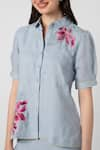 Shop_KAVERI_Blue 100% Linen Collared Shaded Flower E  _Online_at_Aza_Fashions