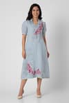 Buy_KAVERI_Blue 100% Linen Shaded Flower Tropical Leaf Screen Printed Dress  _at_Aza_Fashions