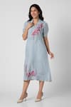 KAVERI_Blue 100% Linen Shaded Flower Tropical Leaf Screen Printed Dress  _Online_at_Aza_Fashions