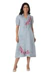 Buy_KAVERI_Blue 100% Linen Shaded Flower Tropical Leaf Screen Printed Dress  _Online_at_Aza_Fashions