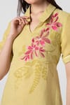 KAVERI_Green 100% Linen Collared Shaded Flower Print Dress _at_Aza_Fashions