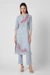 Buy_KAVERI_Blue 100% Linen Notched Shaded Flower Screen Print Kurta And Pant Set  _at_Aza_Fashions