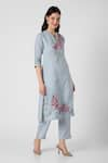 Buy_KAVERI_Blue 100% Linen Notched Shaded Flower Screen Print Kurta And Pant Set  _Online_at_Aza_Fashions