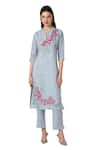 Shop_KAVERI_Blue 100% Linen Notched Shaded Flower Screen Print Kurta And Pant Set  _Online_at_Aza_Fashions