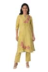 KAVERI_Green 100% Linen Notched Shaded Flower Hand Print Kurta And Pant Set  _Online_at_Aza_Fashions