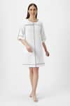 Buy_KAVERI_White 100% Linen Plain Round Neck Crossroad Short Dress  _at_Aza_Fashions