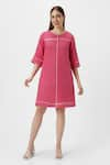 Buy_KAVERI_Pink 100% Linen Plain Round Neck Crossroad Panel Dress  _at_Aza_Fashions