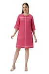 Buy_KAVERI_Pink 100% Linen Plain Round Neck Crossroad Panel Dress  _Online_at_Aza_Fashions