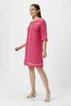 Shop_KAVERI_Pink 100% Linen Plain Round Neck Crossroad Panel Dress  _Online_at_Aza_Fashions