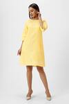 Buy_KAVERI_Yellow 100% Linen Plain Round Neck Crossroad Panel Short Dress  _at_Aza_Fashions