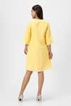 Shop_KAVERI_Yellow 100% Linen Plain Round Neck Crossroad Panel Short Dress  _at_Aza_Fashions