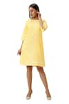 Buy_KAVERI_Yellow 100% Linen Plain Round Neck Crossroad Panel Short Dress  _Online_at_Aza_Fashions