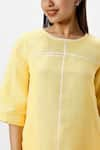 KAVERI_Yellow 100% Linen Plain Round Neck Crossroad Panel Short Dress  _at_Aza_Fashions