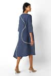 Shop_KAVERI_Blue 100% Linen Placement Hand Screen Forest Wiggle Asymmetric Dress  _at_Aza_Fashions