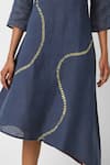 KAVERI_Blue 100% Linen Placement Hand Screen Forest Wiggle Asymmetric Dress  _Online