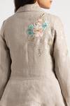 Shop_KAVERI_Grey 100% Linen Embroidery Floral Flower Corsage Blazer Pant Set  _Online_at_Aza_Fashions