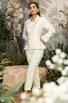 Buy_KAVERI_Off White 100% Linen Embroidery Floral Shawl Corsage Blazer Pant Set  _at_Aza_Fashions