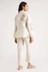 Shop_KAVERI_Off White 100% Linen Embroidery Floral Shawl Corsage Blazer Pant Set  _at_Aza_Fashions