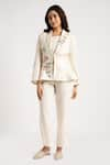 KAVERI_Off White 100% Linen Embroidery Floral Shawl Corsage Blazer Pant Set  _Online_at_Aza_Fashions