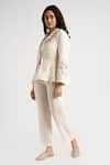 Buy_KAVERI_Off White 100% Linen Embroidery Floral Shawl Corsage Blazer Pant Set  _Online_at_Aza_Fashions