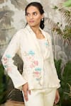 KAVERI_Off White 100% Linen Embroidery Floral Shawl Corsage Blazer Pant Set  _at_Aza_Fashions