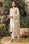 Buy_KAVERI_Grey 100% Linen Embroidery Floral V Flower Corsage Kurta Pant Set  _at_Aza_Fashions