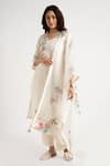 Buy_KAVERI_Off White 100% Linen Embroidery Floral V Neck Corsage Kurta Pant Set  _at_Aza_Fashions