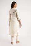 Shop_KAVERI_Off White 100% Linen Embroidery Floral V Neck Corsage Kurta Pant Set  _at_Aza_Fashions