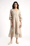 Buy_KAVERI_Grey 100% Linen Embroidery Floral V Neck Flower Silk Dress  _Online_at_Aza_Fashions