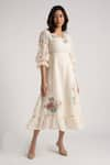 Buy_KAVERI_Off White 100% Linen Embroidery Floral V Corsage Bed Roses Dress  