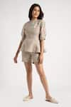 Buy_KAVERI_Grey 100% Linen Embroidery Floral High Corsage Peplum Top With Shorts  _at_Aza_Fashions