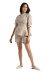 Buy_KAVERI_Grey 100% Linen Embroidery Floral High Corsage Peplum Top With Shorts  _Online_at_Aza_Fashions