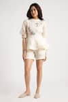 Buy_KAVERI_Off White 100% Linen Embroidery Floral High Corsage Top With Shorts  _at_Aza_Fashions