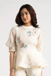 KAVERI_Off White 100% Linen Embroidery Floral High Corsage Top With Shorts  _Online_at_Aza_Fashions