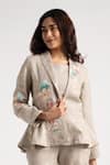 KAVERI_Grey 100% Linen Embroidery Floral Shawl Corsage Jacket Shorts Set  _Online_at_Aza_Fashions