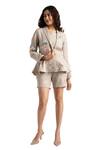 Shop_KAVERI_Grey 100% Linen Embroidery Floral Shawl Corsage Jacket Shorts Set  _Online_at_Aza_Fashions